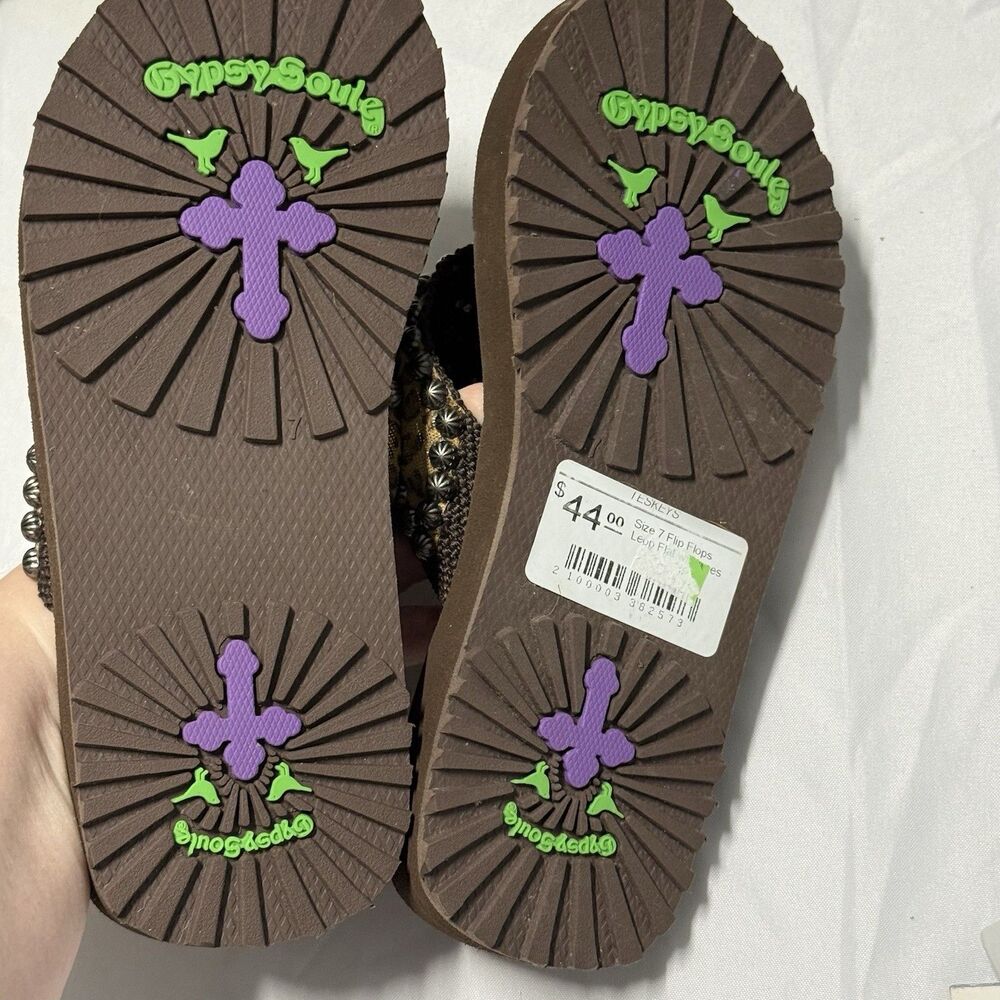 Gypsy Soule Leopard Rhinestone Flip Flop Sandals Women’s Size 7 Boho Bling NWOT - Picture 11 of 15